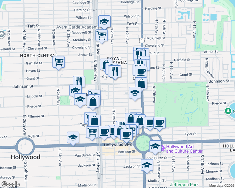 map of restaurants, bars, coffee shops, grocery stores, and more near 1943 Buchanan Street in Hollywood