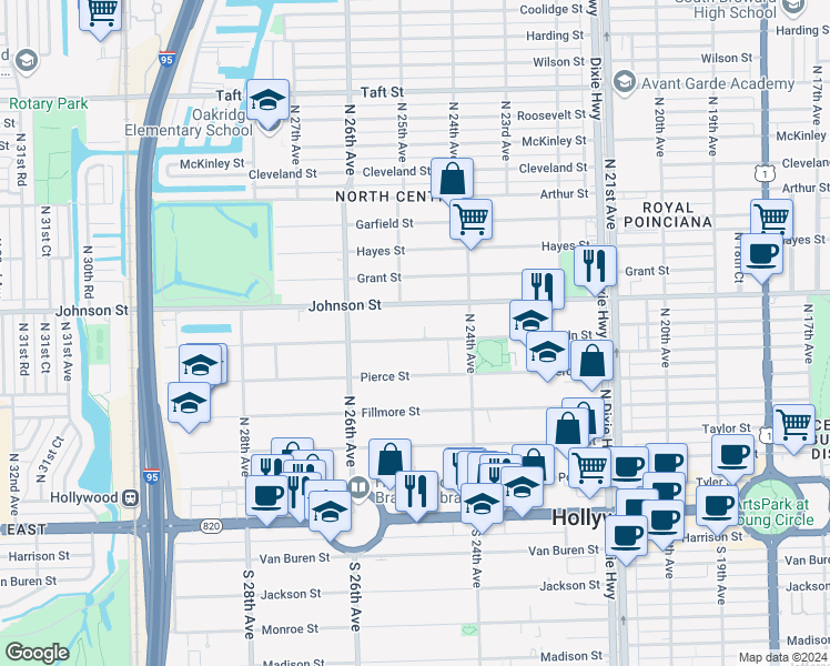 map of restaurants, bars, coffee shops, grocery stores, and more near 2459 Lincoln Street in Hollywood