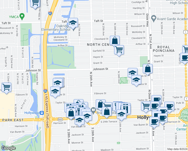 map of restaurants, bars, coffee shops, grocery stores, and more near 2535 Lincoln Street in Hollywood