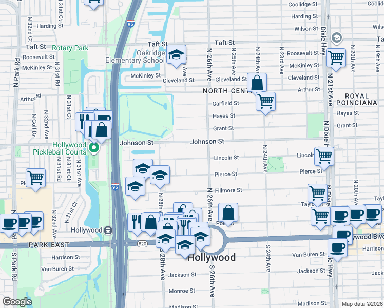 map of restaurants, bars, coffee shops, grocery stores, and more near 2703 Lincoln Street in Hollywood