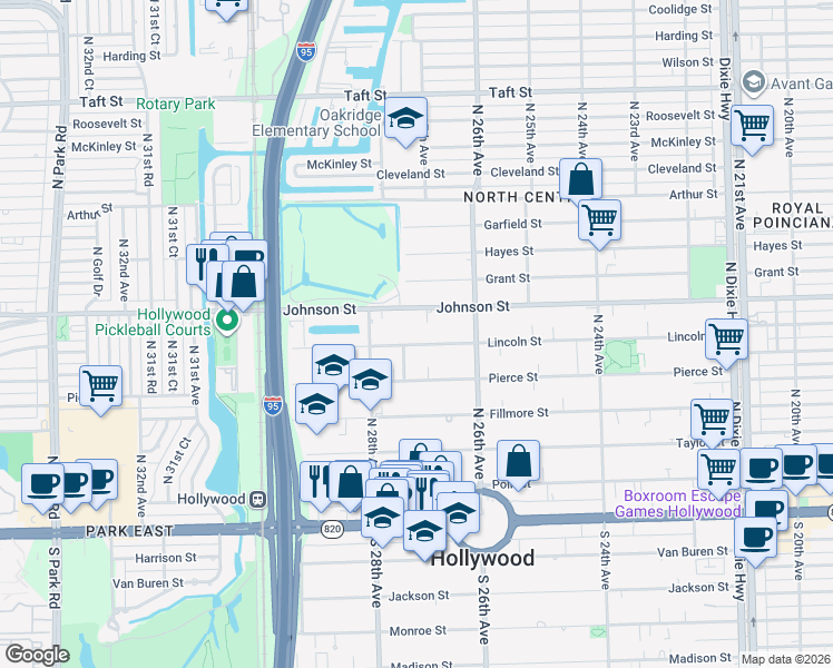map of restaurants, bars, coffee shops, grocery stores, and more near 2703 Lincoln Street in Hollywood