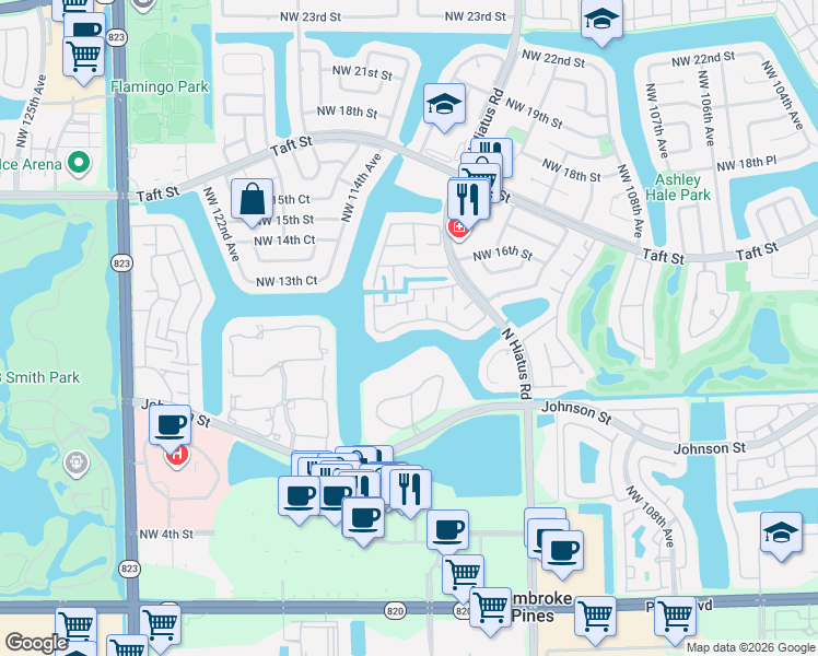 map of restaurants, bars, coffee shops, grocery stores, and more near 11288 Northwest 14th Court in Pembroke Pines