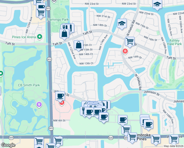 map of restaurants, bars, coffee shops, grocery stores, and more near 11836 Northwest 13th Street in Pembroke Pines