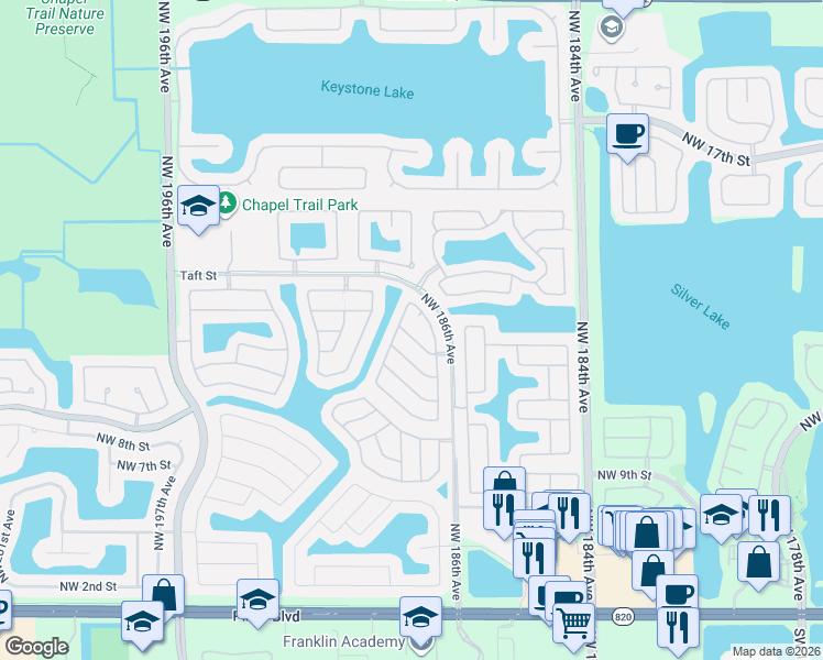 map of restaurants, bars, coffee shops, grocery stores, and more near 19198 Northwest 13th Court in Pembroke Pines