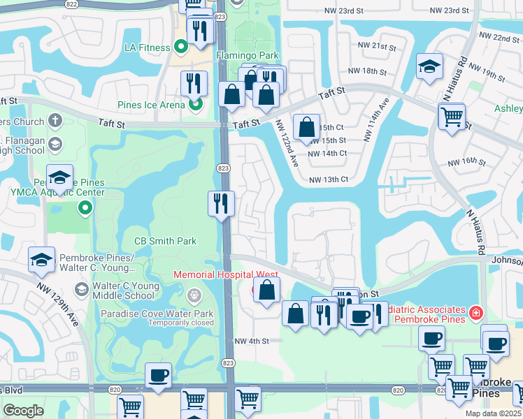map of restaurants, bars, coffee shops, grocery stores, and more near 1224 Northwest 122nd Terrace in Pembroke Pines