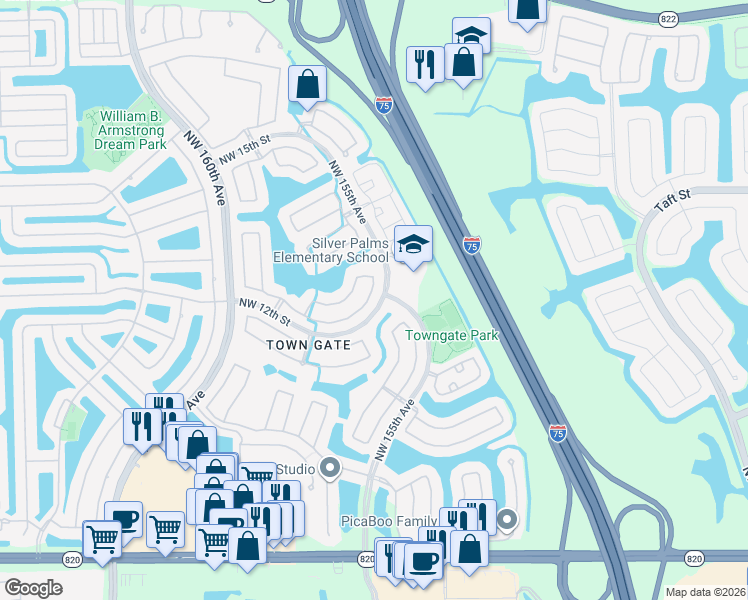 map of restaurants, bars, coffee shops, grocery stores, and more near 15544 Northwest 12th Court in Pembroke Pines