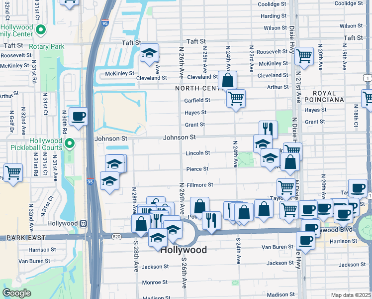 map of restaurants, bars, coffee shops, grocery stores, and more near 2537 Lincoln Street in Hollywood