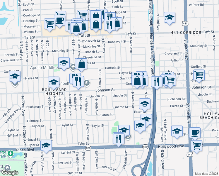 map of restaurants, bars, coffee shops, grocery stores, and more near 900 North 66th Avenue in Hollywood