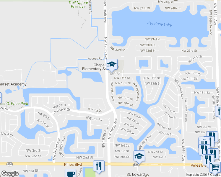 map of restaurants, bars, coffee shops, grocery stores, and more near 1222 Northwest 195th Avenue in Pembroke Pines