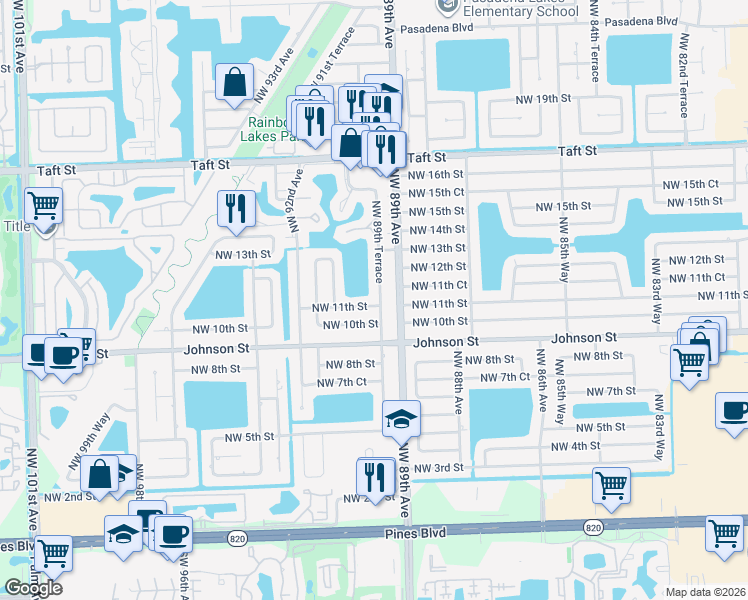 map of restaurants, bars, coffee shops, grocery stores, and more near 1102 Northwest 89th Terrace in Pembroke Pines