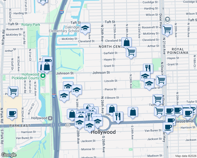 map of restaurants, bars, coffee shops, grocery stores, and more near in Hollywood