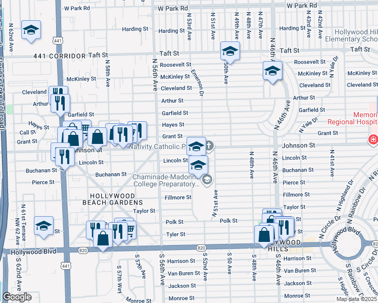 map of restaurants, bars, coffee shops, grocery stores, and more near 5316 Johnson Street in Hollywood