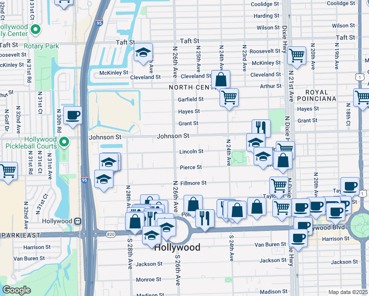 map of restaurants, bars, coffee shops, grocery stores, and more near 2535 Lincoln Street in Hollywood