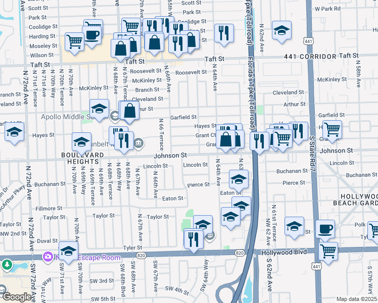 map of restaurants, bars, coffee shops, grocery stores, and more near 6531 Johnson Street in Hollywood
