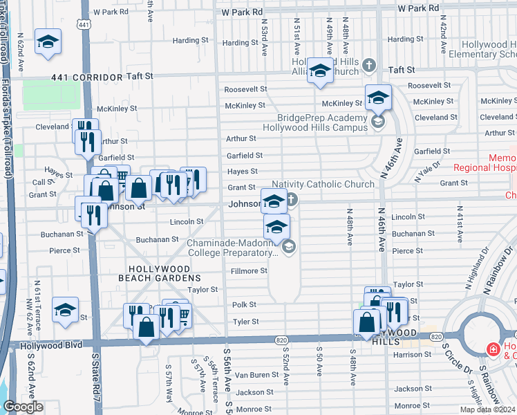 map of restaurants, bars, coffee shops, grocery stores, and more near 5316 Johnson Street in Hollywood
