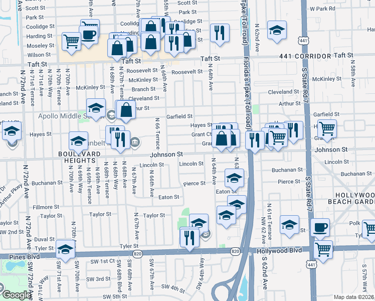 map of restaurants, bars, coffee shops, grocery stores, and more near 6531 Johnson Street in Hollywood