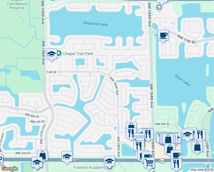 map of restaurants, bars, coffee shops, grocery stores, and more near 19198 Northwest 13th Court in Pembroke Pines