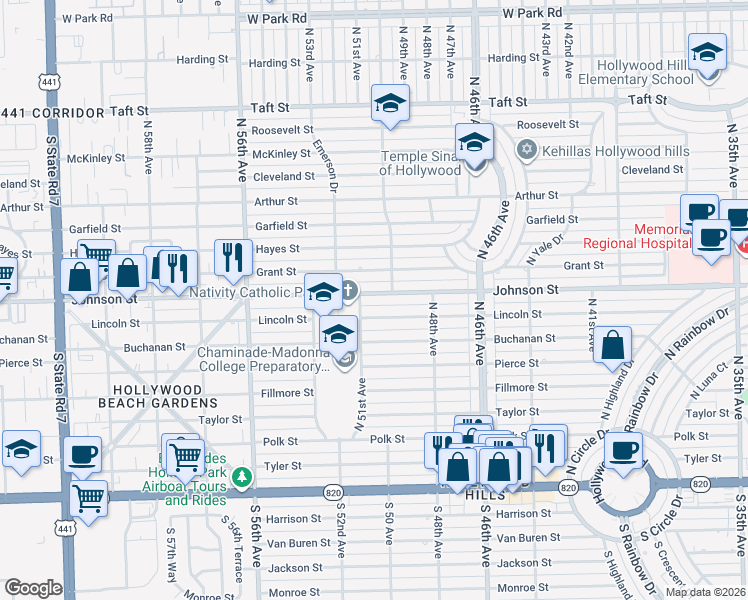 map of restaurants, bars, coffee shops, grocery stores, and more near 5016 Johnson Street in Hollywood