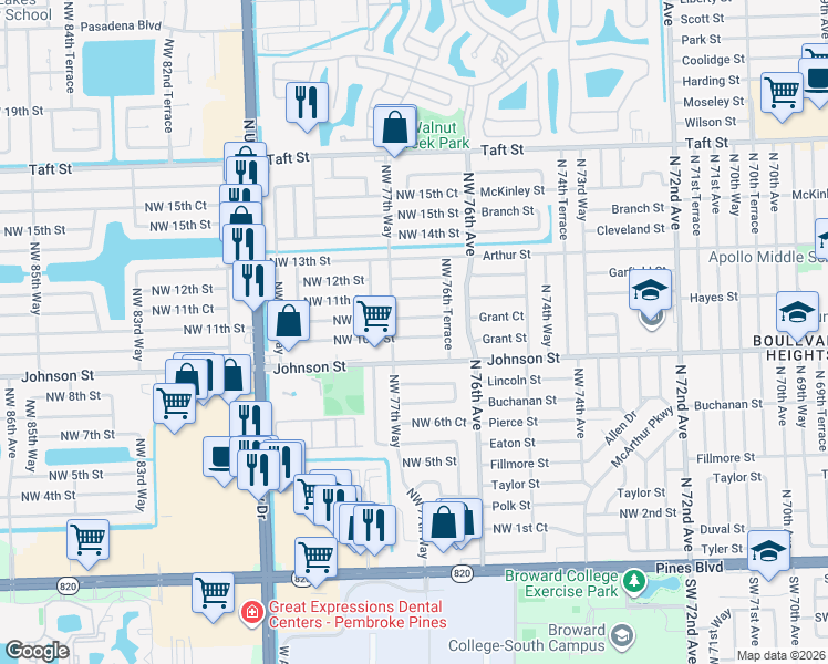map of restaurants, bars, coffee shops, grocery stores, and more near 7721 Northwest 10th Street in Pembroke Pines