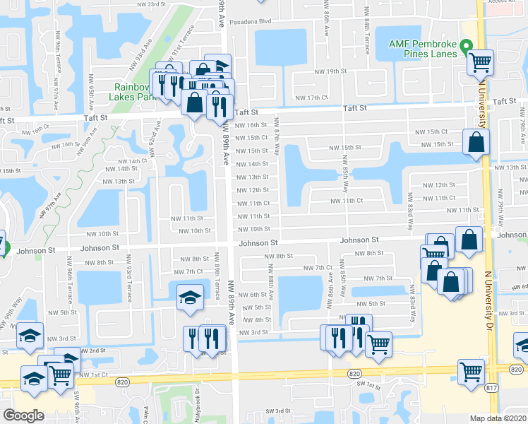 map of restaurants, bars, coffee shops, grocery stores, and more near 8791 Northwest 11th Street in Pembroke Pines