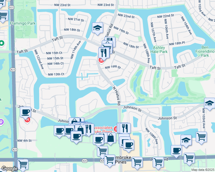 map of restaurants, bars, coffee shops, grocery stores, and more near 11210 Northwest 14th Court in Pembroke Pines