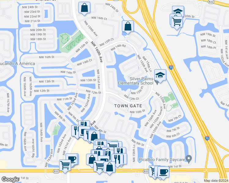 map of restaurants, bars, coffee shops, grocery stores, and more near 15874 Northwest 12th Court in Pembroke Pines