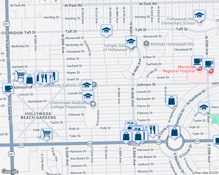 map of restaurants, bars, coffee shops, grocery stores, and more near 4911 Lincoln Street in Hollywood
