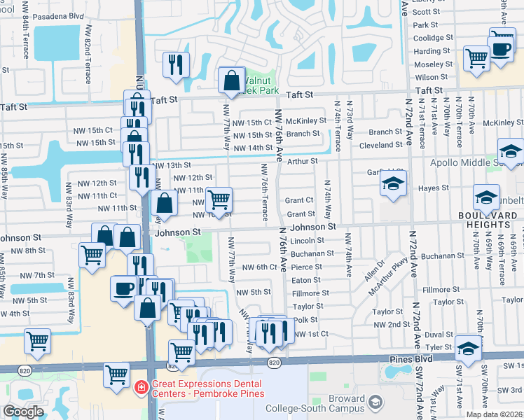 map of restaurants, bars, coffee shops, grocery stores, and more near 1001 North 76th Terrace in Hollywood