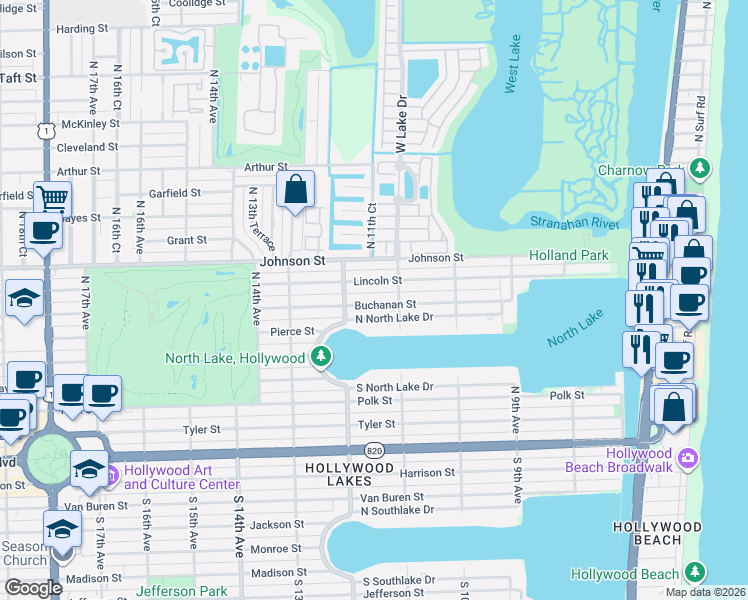 map of restaurants, bars, coffee shops, grocery stores, and more near 1100 Buchanan Street in Hollywood