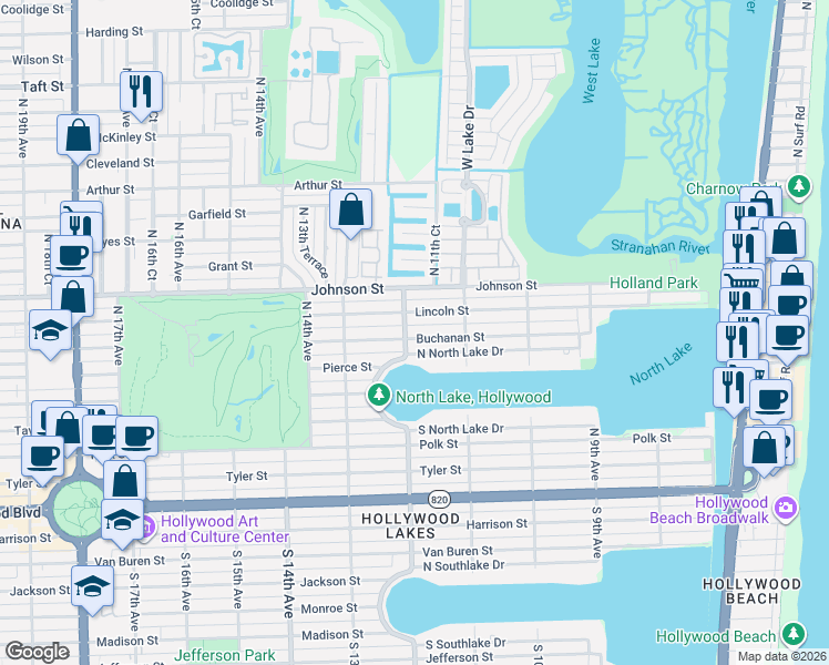 map of restaurants, bars, coffee shops, grocery stores, and more near 1147 Buchanan Street in Hollywood
