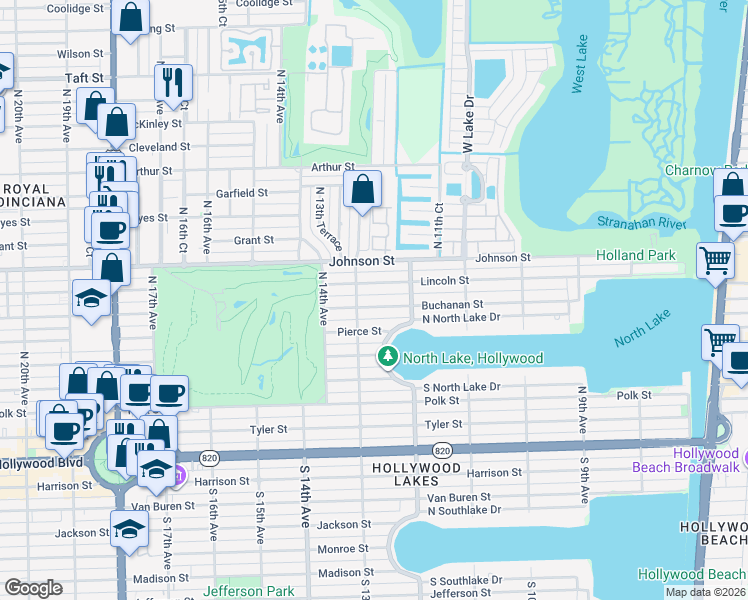 map of restaurants, bars, coffee shops, grocery stores, and more near 1223 Buchanan Street in Hollywood