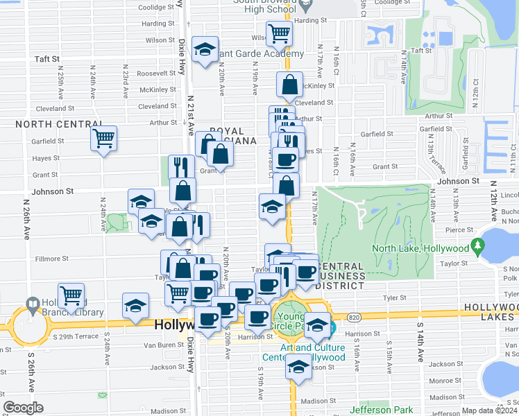 map of restaurants, bars, coffee shops, grocery stores, and more near 856 North 19th Avenue in Hollywood