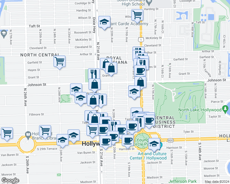 map of restaurants, bars, coffee shops, grocery stores, and more near 1943 Buchanan Street in Hollywood