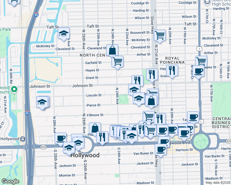 map of restaurants, bars, coffee shops, grocery stores, and more near 2413 Lincoln Street in Hollywood