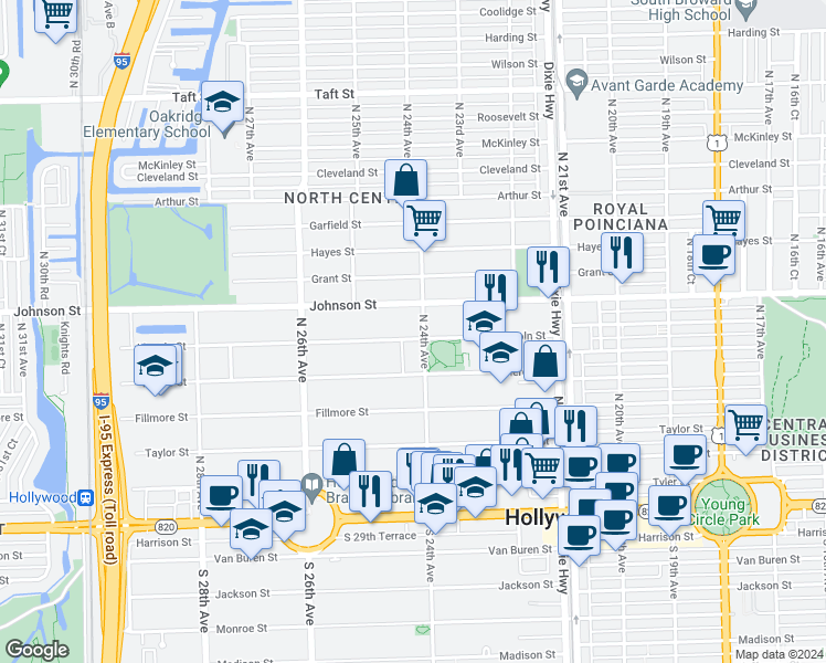 map of restaurants, bars, coffee shops, grocery stores, and more near 2413 Lincoln Street in Hollywood