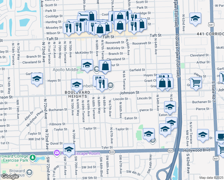 map of restaurants, bars, coffee shops, grocery stores, and more near 6721 Johnson Street in Hollywood