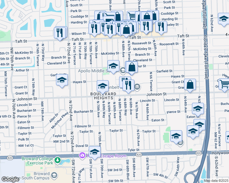 map of restaurants, bars, coffee shops, grocery stores, and more near 6901 Johnson Street in Hollywood