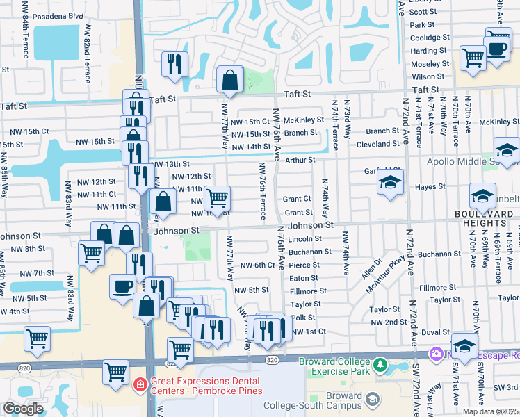 map of restaurants, bars, coffee shops, grocery stores, and more near 1001 North 76th Terrace in Hollywood