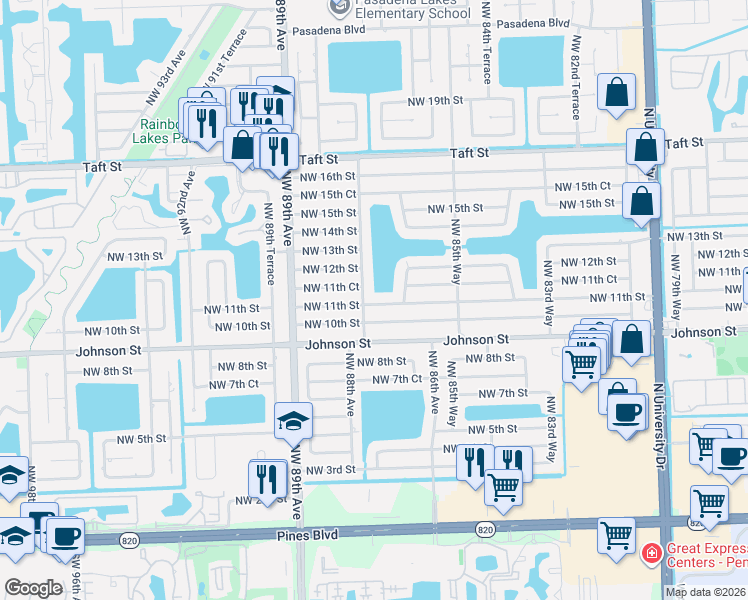 map of restaurants, bars, coffee shops, grocery stores, and more near 8721 Northwest 11th Street in Pembroke Pines