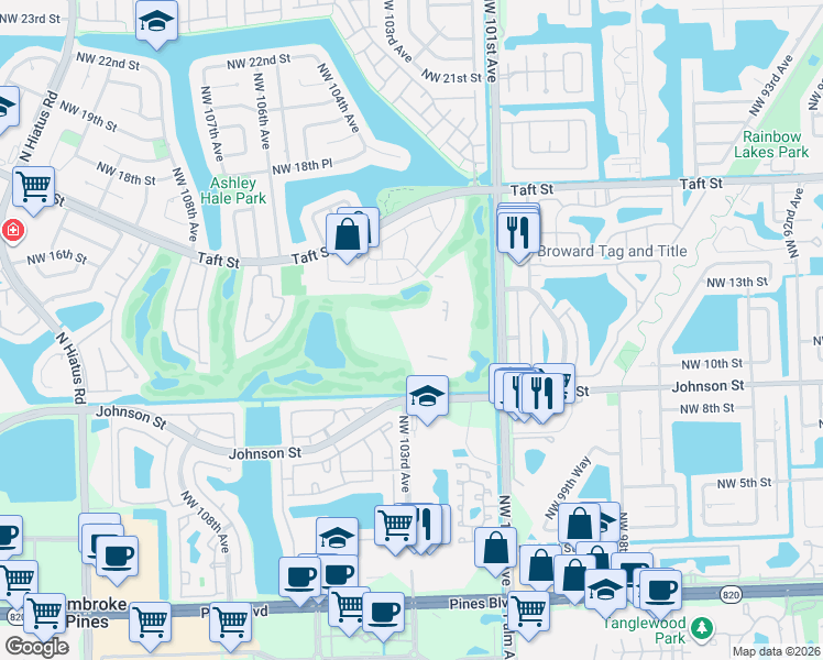 map of restaurants, bars, coffee shops, grocery stores, and more near 1000 Saint Charles Place in Pembroke Pines