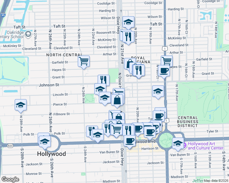 map of restaurants, bars, coffee shops, grocery stores, and more near 2144 Lincoln Street in Hollywood