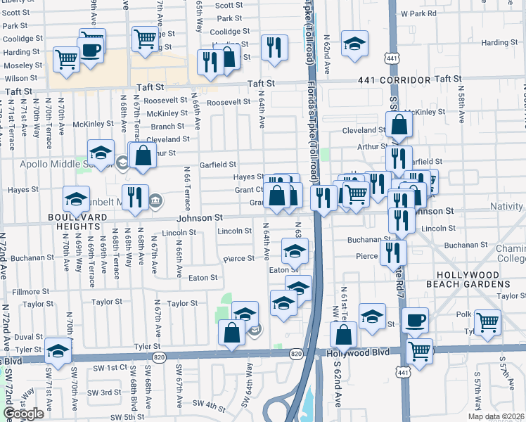 map of restaurants, bars, coffee shops, grocery stores, and more near in Hollywood