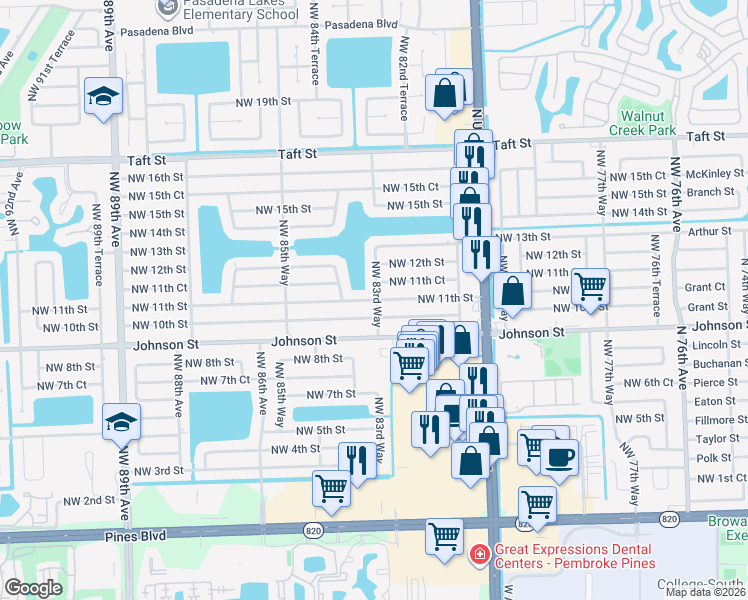 map of restaurants, bars, coffee shops, grocery stores, and more near 8330 Northwest 11th Street in Pembroke Pines