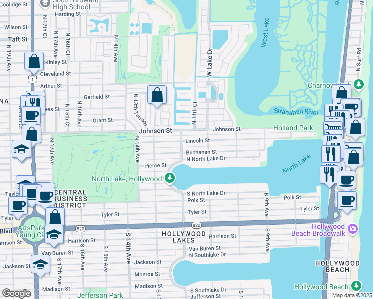 map of restaurants, bars, coffee shops, grocery stores, and more near 1147 Buchanan Street in Hollywood