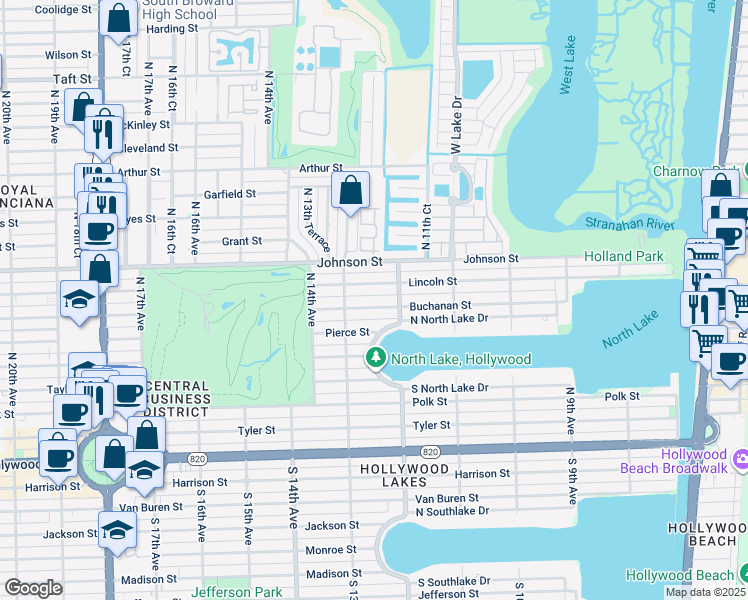 map of restaurants, bars, coffee shops, grocery stores, and more near 1223 Buchanan Street in Hollywood