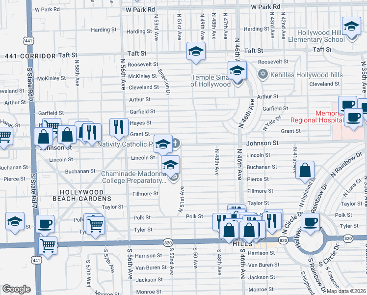 map of restaurants, bars, coffee shops, grocery stores, and more near 5016 Johnson Street in Hollywood