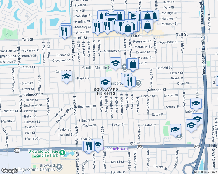 map of restaurants, bars, coffee shops, grocery stores, and more near 901 North 69th Way in Hollywood