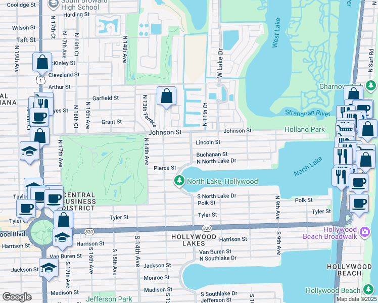 map of restaurants, bars, coffee shops, grocery stores, and more near 1147 Buchanan Street in Hollywood