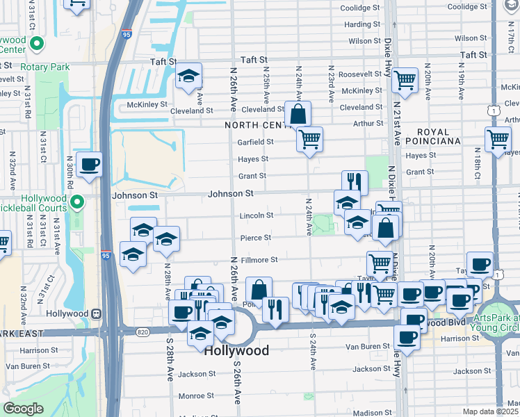 map of restaurants, bars, coffee shops, grocery stores, and more near 2509 Lincoln Street in Hollywood