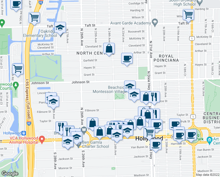 map of restaurants, bars, coffee shops, grocery stores, and more near 2413 Lincoln Street in Hollywood